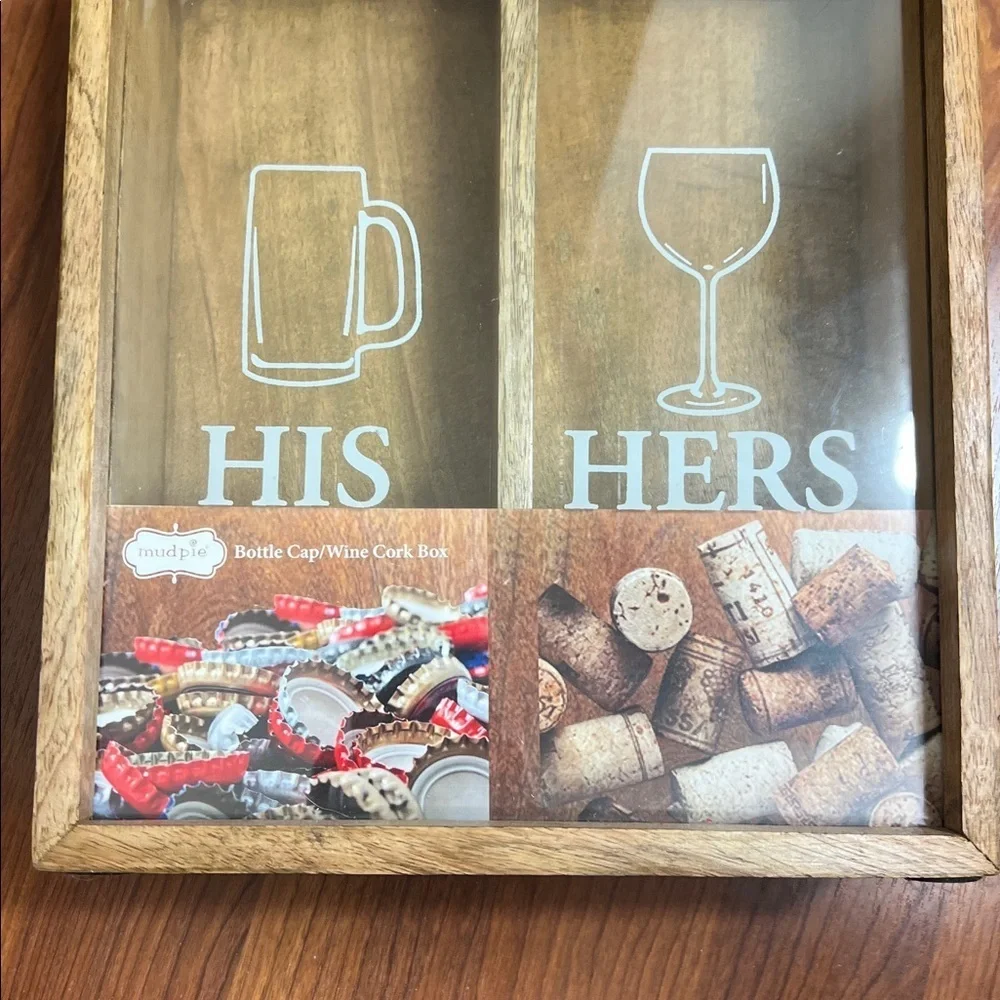 Mud Pie His & Hers Wooden Bottle Top/Wine Cork Box NWOT